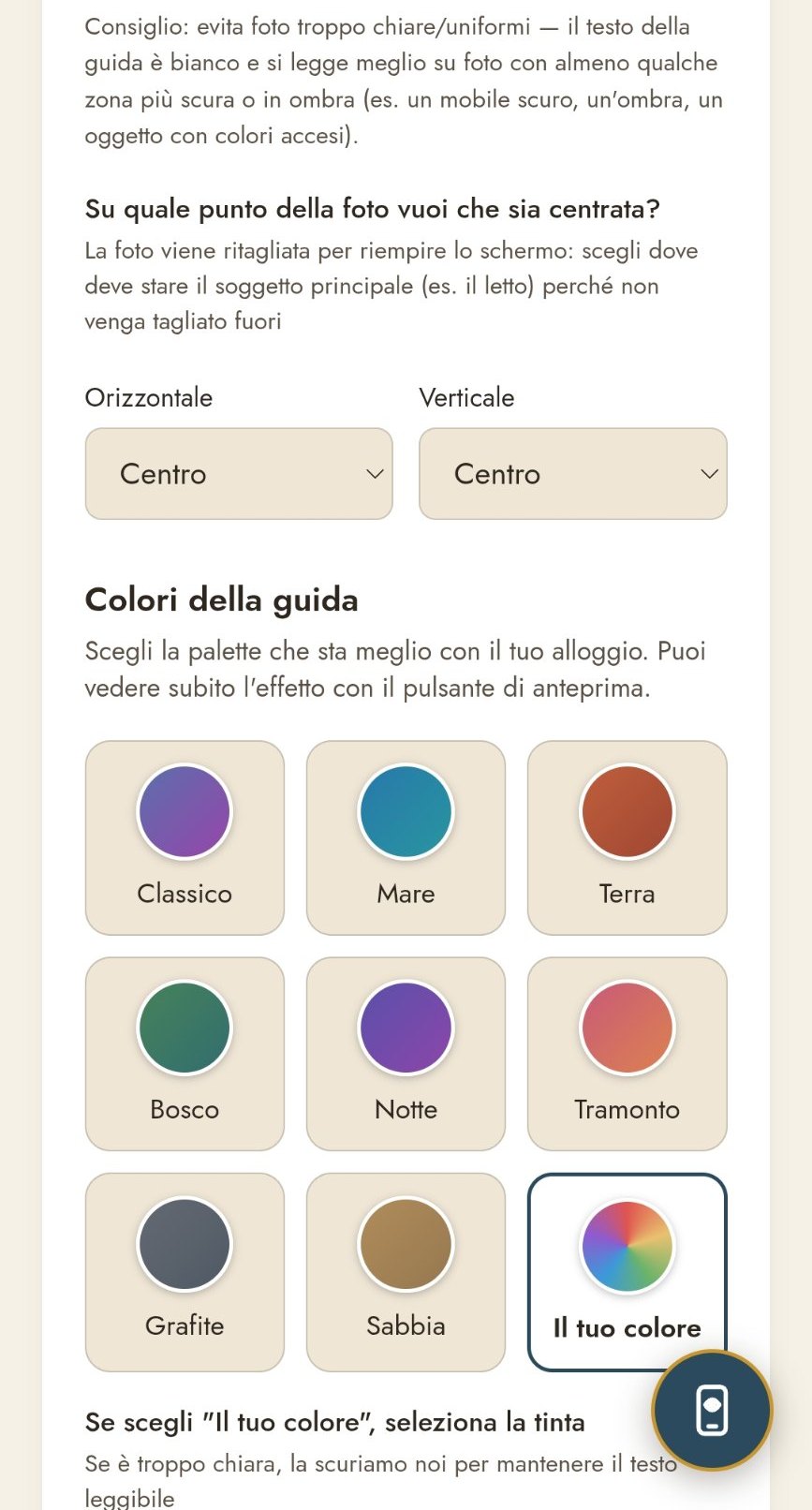 Passo 5 di 5, Foto e colori, con le palette tra cui scegliere