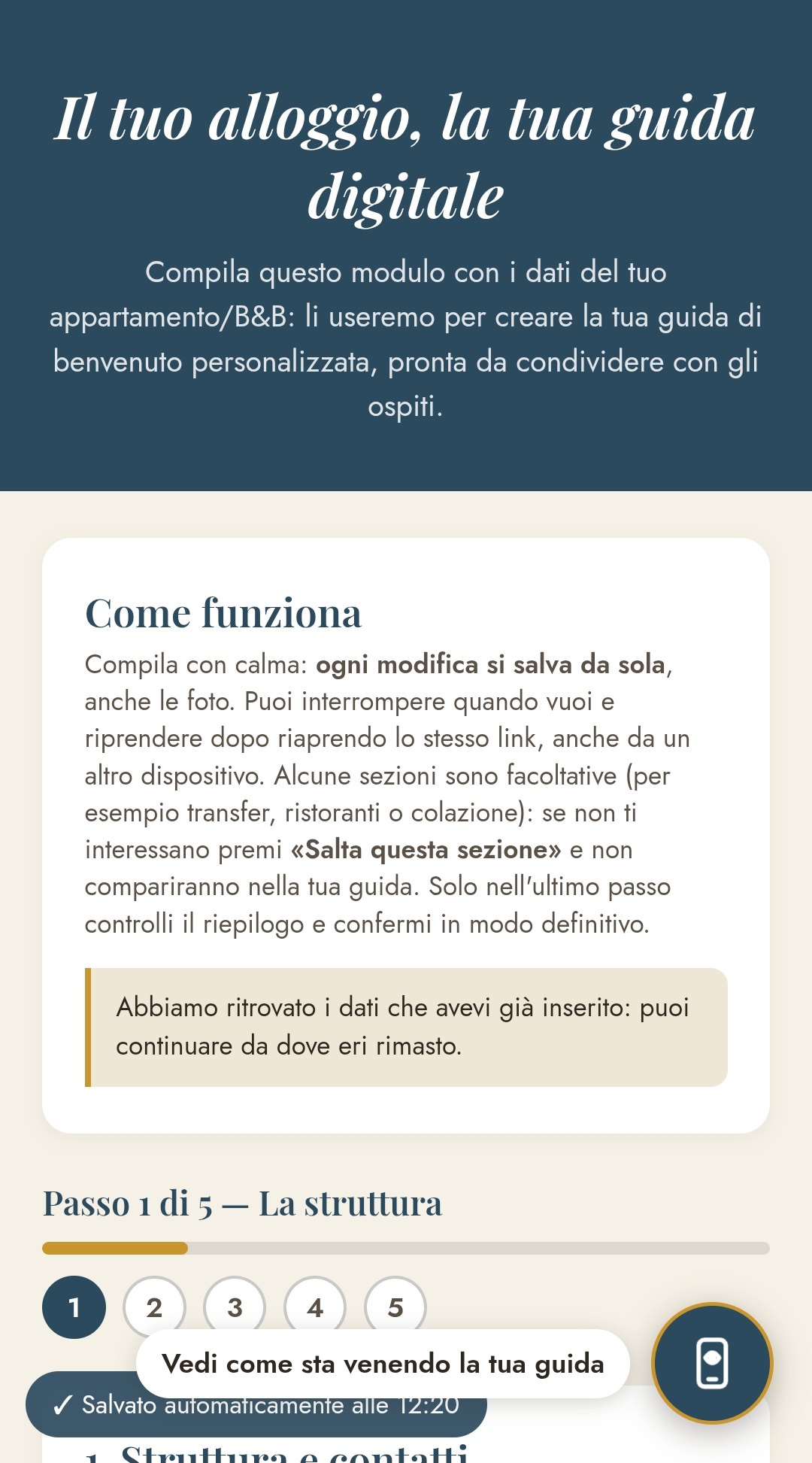 Prima pagina del modulo: introduzione, Come funziona e passo 1 di 5
