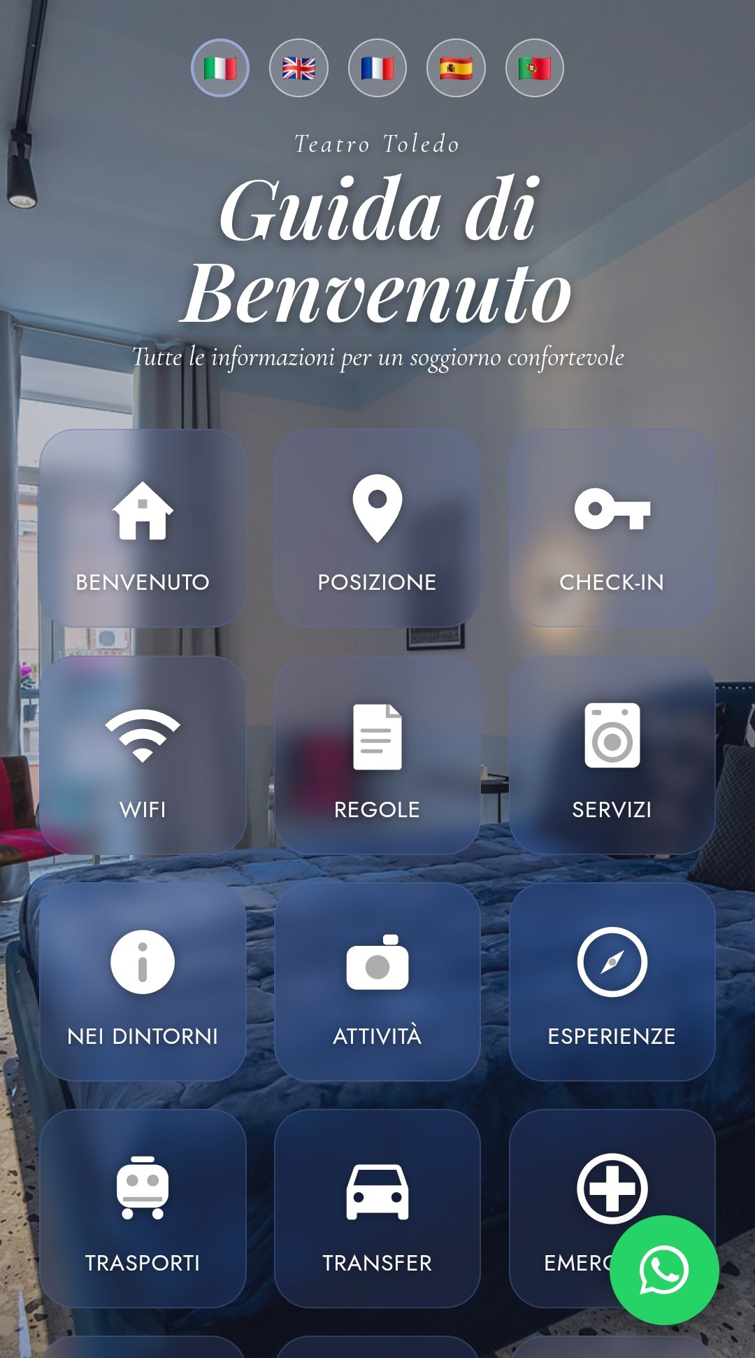 Home dell'app di Teatro Toledo con le sezioni per gli ospiti
